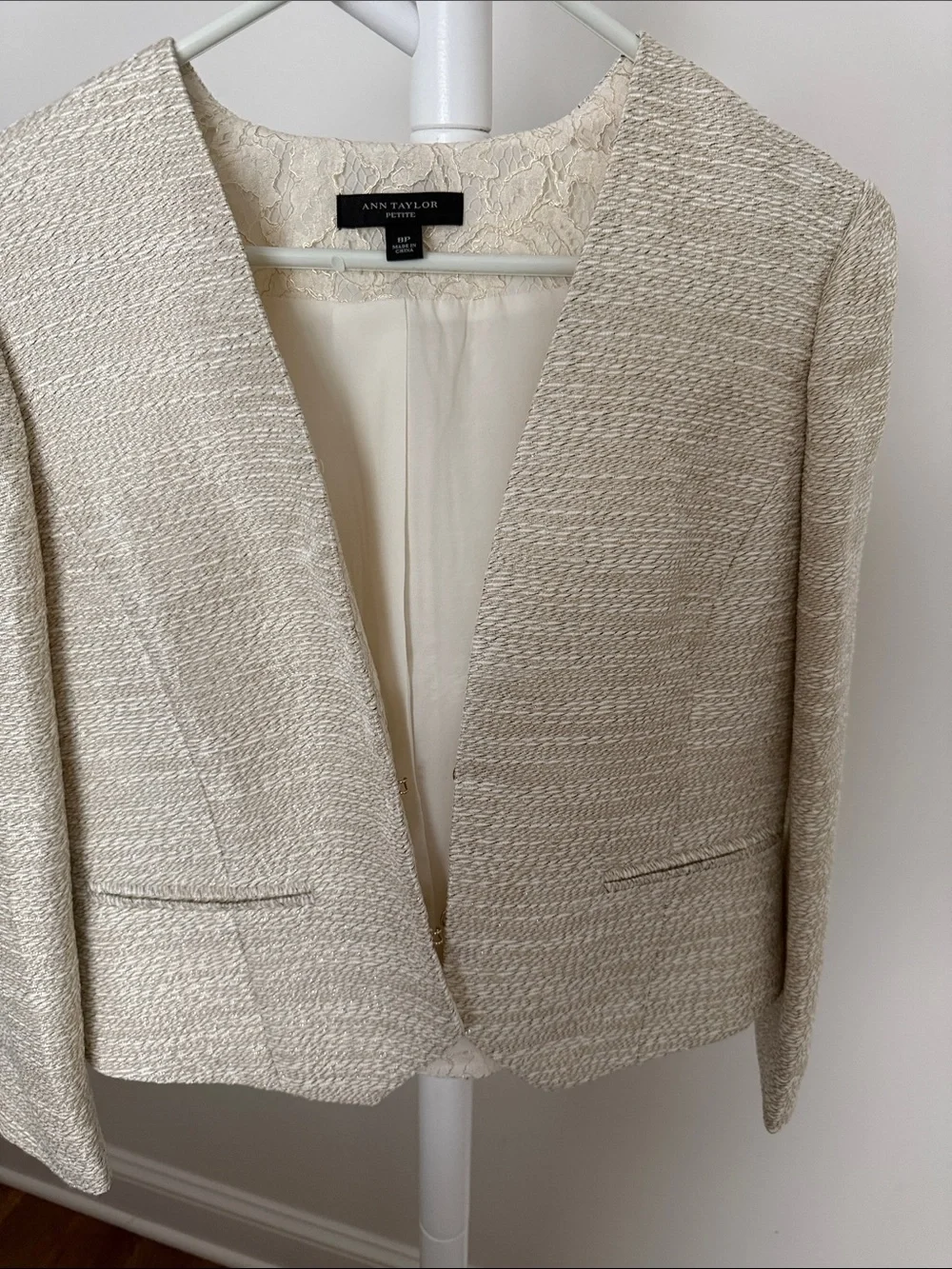 Ann Taylor Suit, cream with gold highlights. Jacket 8P, matching lace skirt, 4.
